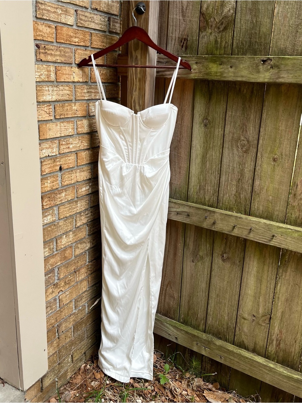 Bridal Satin White Spaghetti-Strap Corset Gown w/ Slit